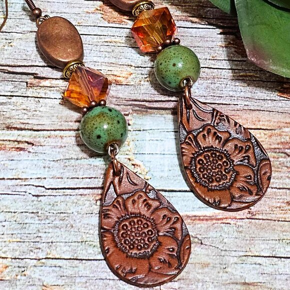 Artisan Earrings Embossed Faux Leather Copper Amber Green Beaded Pierced - Picture 3 of 5